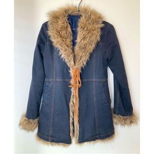 Vintage faux fur jean jacket poly blend lined made by lemon